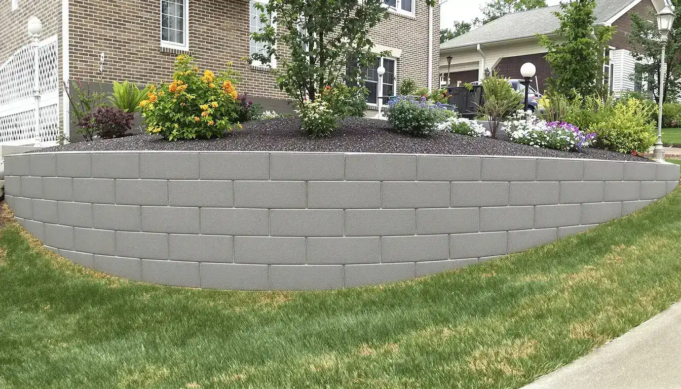 Concrete retaining wall on a sloped residential yard in the KC metro